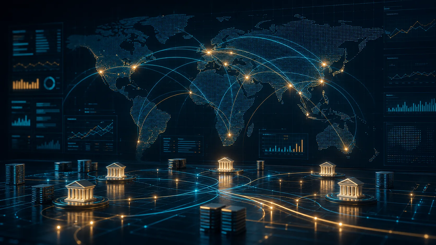 Abstract global payment routing map with acquiring bank nodes and cross-border settlement pathways.
